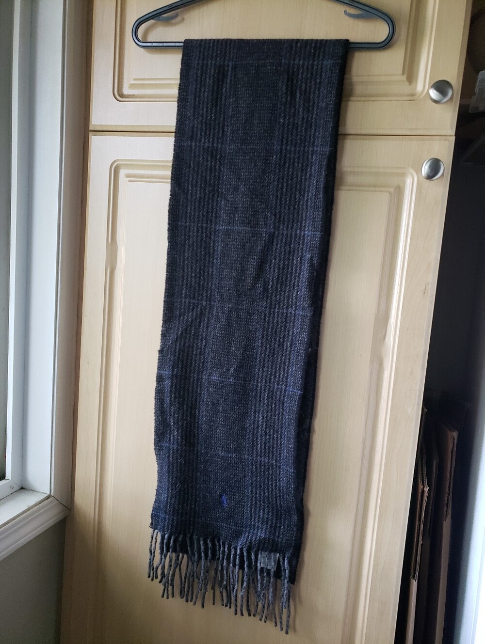 Polo by Ralph Lauren Men's Navy and Dark Gray Wool Scarf with Fringe